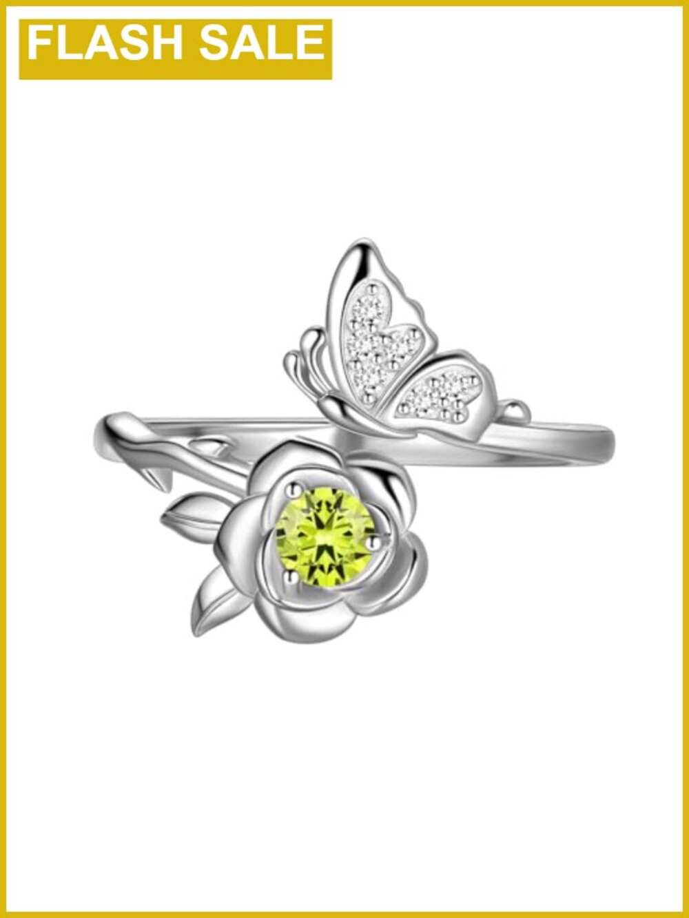 925 Sterling Silver Butterfly Rose Birthstone Ring Adjustable